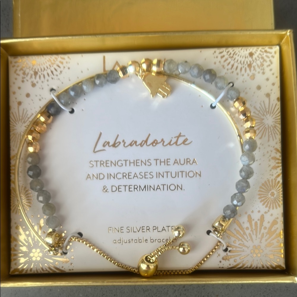 LA Rocks Labradorite Power Adjustable Fine Silver Plated Bracelet Gold/Gray NEW